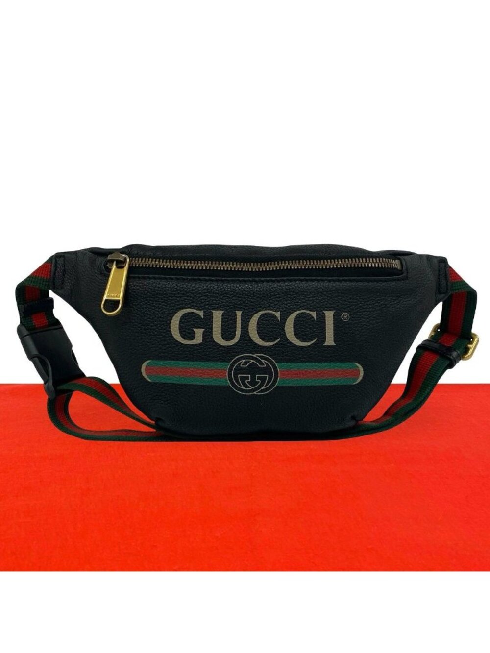 Gucci Print Small Belt Sherry Line Leather Bag Waist Pouch Black